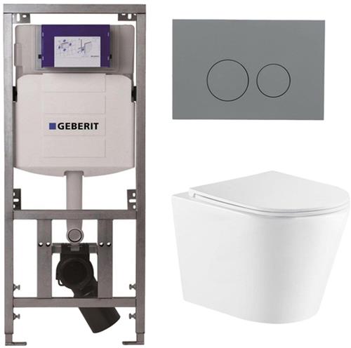 QeramiQ Dely Toiletset - 36.3x51.7cm - diepspoel - rimless - Geberit UP320 Burda inbouwreservoir - softclose toiletzitting - bedieningsplaat licht grijs - ronde knoppen - wit mat