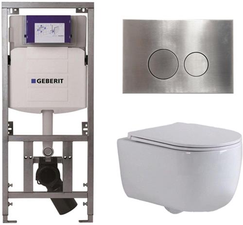 QeramiQ Dely Swirl Toiletset - 36.3x51.7cm - Geberit UP320 Burda inbouwreservoir - slim zitting - steel bedieningsplaat - ronde knoppen - wit glans