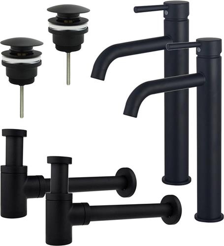 Fortifura Calvi Wastafelkraanset - voor dubbele wastafel - verhoogde wastafelkraan - klikwaste plug - verlaagde design sifon - Mat zwart