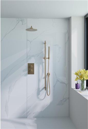 Fortifura Calvi Inbouw Regendoucheset - thermostatisch - wandarm - glijstang - 25cm hoofddouche - staaf handdouche - metalen doucheslang - geborsteld Messing PVD (Goud)