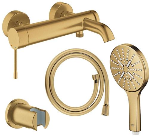 GROHE Essence New bad-/douchekraan met 3 standen handdoucheset en doucheslang brushed cool sunrise