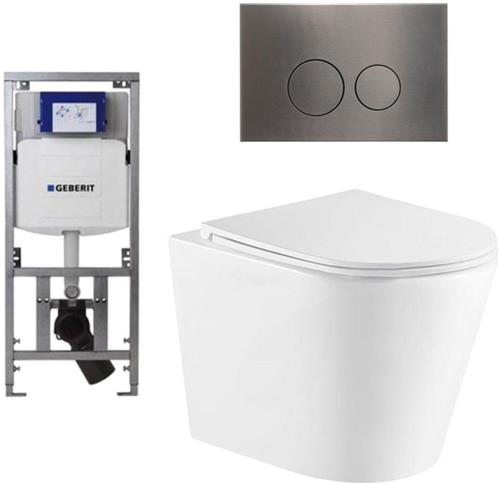 QeramiQ Dely Toiletset - 36.3x51.7cm - diepspoel - rimless - Geberit UP320 Burda inbouwreservoir - softclose toiletzitting - gunmetal bedieningsplaat - ronde knoppen - mat wit