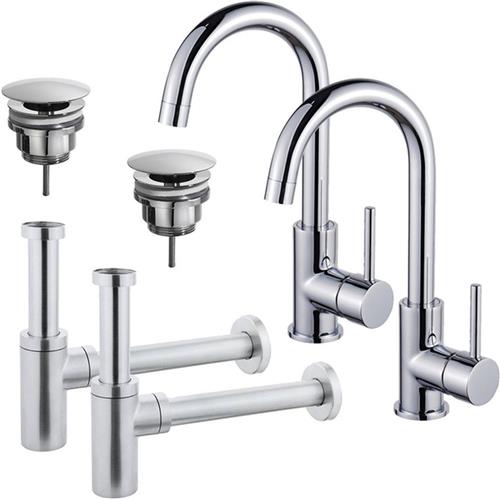 Fortifura Calvi Wastafelkraanset - voor dubbele wastafel - hoge wastafelkraan - draaibare uitloop - always open plug - design sifon - Chroom