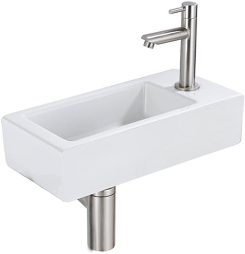 QeramiQ Fuente Fonteinset - 37.5x18.5x9cm - keramiek - kraangat rechts - fonteinkraan geborsteld RVS - afvoerplug - verlaagd sifon - Mat wit