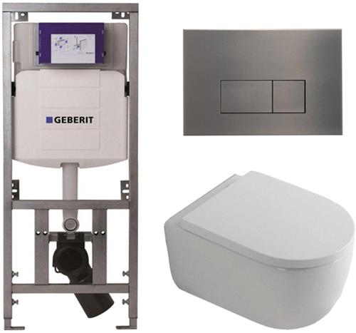 QeramiQ Dely Swirl Toiletset - 36.3x51.7cm - Geberit UP320 Burda inbouwreservoir - 35mm zitting - gunmetal bedieningsplaat - rechthoekige knoppen - wit glans