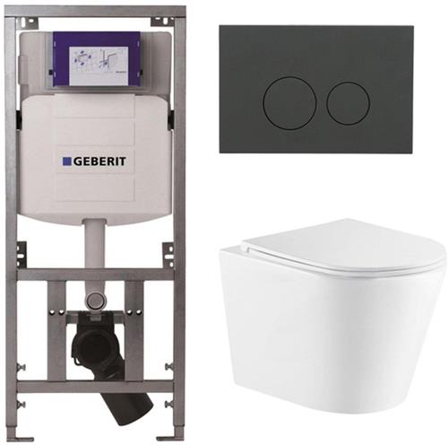 QeramiQ Dely Toiletset - 36.3x51.7cm - diepspoel - rimless - Geberit UP320 Burda inbouwreservoir - softclose toiletzitting - bedieningsplaat mat antraciet - ronde knoppen - wit mat