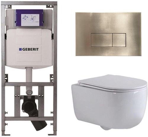 QeramiQ Dely Swirl Toiletset - 36.3x51.7cm - Geberit UP320 Burda inbouwreservoir - slim zitting - geborsteld messing bedieningsplaat - rechthoekige knoppen - wit glans