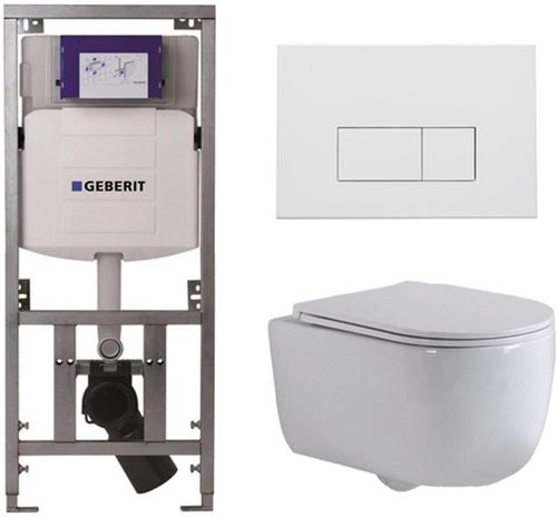 QeramiQ Dely Swirl Toiletset - 36.3x51.7cm - Geberit UP320 Burda inbouwreservoir - slim zitting - mat witte metalen bedieningsplaat - rechthoekige knoppen - wit glans