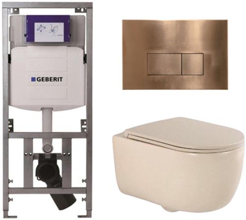 QeramiQ Dely Swirl Toiletset - 36.3x51.7cm - Geberit UP320 Burda inbouwreservoir - slim zitting - koperen bedieningsplaat - rechthoekige knoppen - beige
