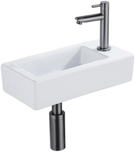 QeramiQ Fuente Fonteinset - 37.5x18.5x9cm - keramiek - kraangat rechts - fonteinkraan gunmetal - afvoerplug - verlaagd sifon - Glans wit
