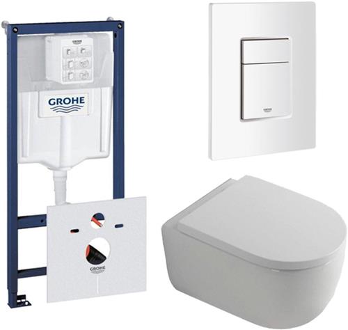 QeramiQ Dely Swirl Toiletset - 36.5x53cm - Grohe Rapid inbouwreservoir - 35mm zitting - witte bedieningsplaat - rechthoekige knoppen - wit mat