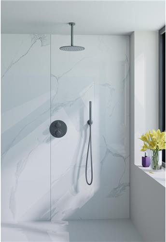 Fortifura Calvi Inbouw Regendoucheset - rond - thermostatisch - plafondarm - 25cm hoofddouche - staaf handdouche - gladde doucheslang - Geborsteld Gunmetal PVD