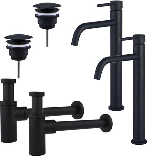 Fortifura Calvi Slim Wastafelkraanset - voor dubbele wastafel - verhoogde wastafelkraan - always open plug - design sifon - Mat zwart