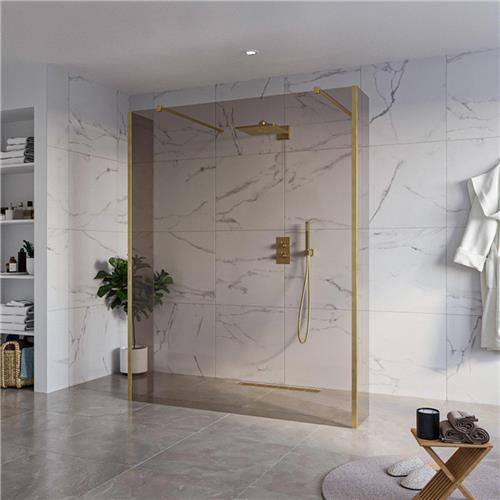 Fortifura Galeria Vrijstaande Inloopdouche - 160x200cm - Rookglas - antikalk - 8mm veiligheidsglas - 2 zijwanden 40cm - wandsteunen en hoekprofielen - Geborsteld Messing PVD (Goud)