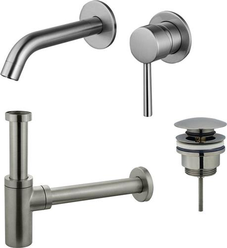 Fortifura Calvi Slim Wastafelkraanset - inbouw wastafelkraan - klikwaste plug - design sifon - Geborsteld RVS PVD (RVS)