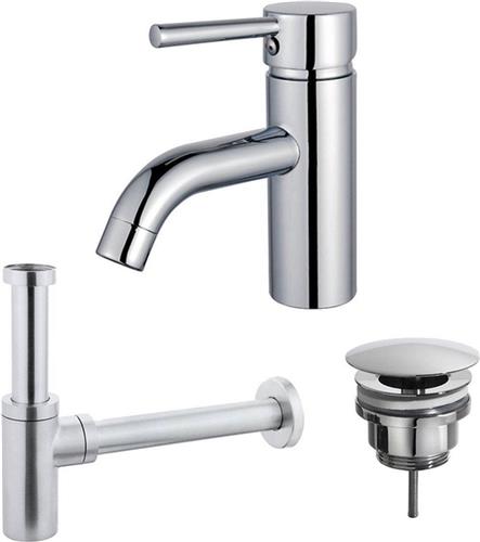 Fortifura Calvi Wastafelkraanset - lage wastafelkraan - always open plug - design sifon - Chroom