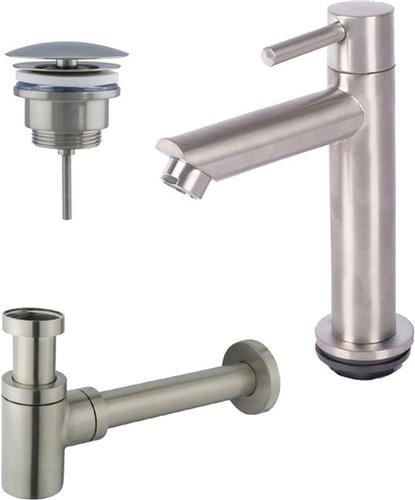 Fortifura Calvi fonteinkraanset met staande fonteinkraan laag, always open plug en design sifon Geborsteld RVS PVD (RVS)