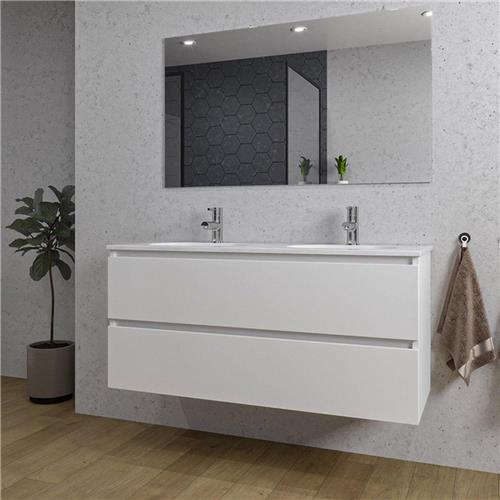 Adema Chaci Badkamermeubelset - 120x46x57cm - 2 ovale keramische wasbakken wit - 2 kraangaten - 2 lades - rechthoekige spiegel - mat wit