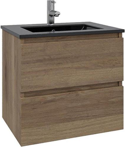 Adema Chaci Badkamermeubelset - 60x46x57cm - 1 keramische wasbak zwart - 1 kraangat - 2 lades - eiken