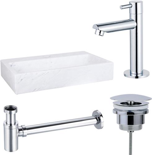 Fortifura Fuente fonteinset - 38x24cm - 1 kraangat - marmer - fonteinkraan chroom - wit