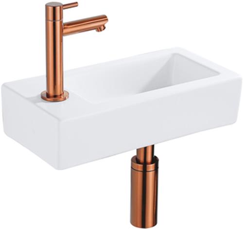 QeramiQ Fuente Fonteinset - 37.5x18.5x9cm - keramiek - kraangat links - fonteinkraan geborsteld koper - afvoerplug - verlaagd sifon - Mat wit