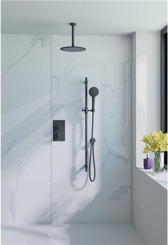 Fortifura Calvi Inbouw Regendoucheset - thermostatisch - plafondarm - glijstang - 25cm hoofddouche - ronde handdouche - gladde doucheslang - mat zwart