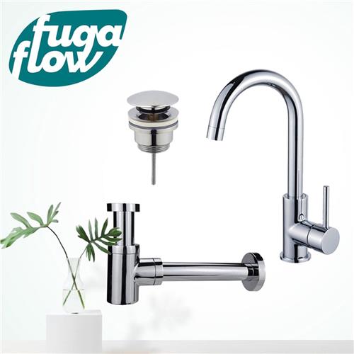 Fortifura Calvi Wastafelkraanset - hoge wastafelkraan - draaibare uitloop - klikwaste plug - verlaagde design sifon - Chroom