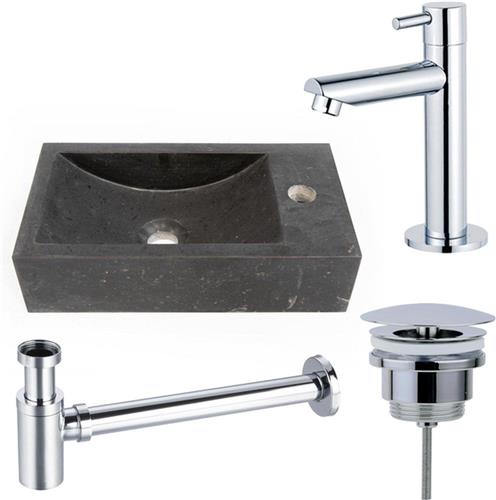 Fortifura Fuente fonteinset - 40x22 - 1 kraangat - rechts - natuursteen - fonteinkraan chroom - donker