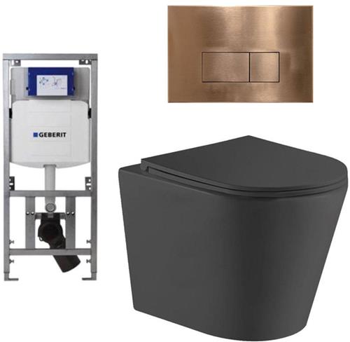 QeramiQ Dely Toiletset - 36.3x51.7cm - diepspoel - rimless - Geberit UP320 Burda inbouwreservoir - softclose toiletzitting - koperen bedieningsplaat - rechtehoekige knoppen - zwart mat