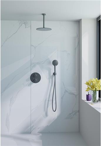 Fortifura Calvi Inbouw Regendoucheset - rond - thermostatisch - plafondarm - 25cm hoofddouche - ronde handdouche - Geborsteld Gunmetal PVD