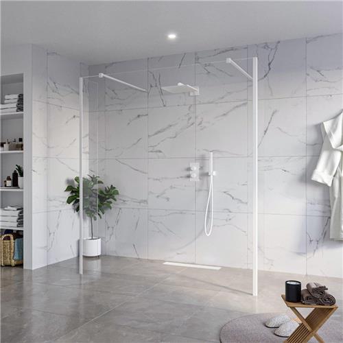 Fortifura Galeria Vrijstaande Inloopdouche - 180x200cm - Helder - antikalk - 8mm veiligheidsglas - 2 zijwanden 40cm - wandsteunen en hoekprofielen - Wit mat