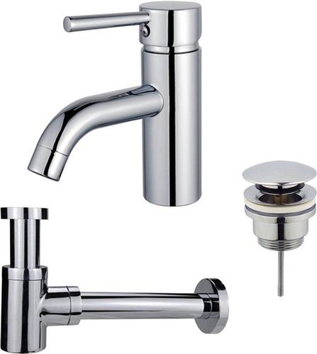 Fortifura Calvi Wastafelkraanset - lage wastafelkraan - klikwaste plug - verlaagde design sifon - Chroom