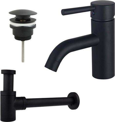 Fortifura Calvi Wastafelkraanset - lage wastafelkraan - klikwaste plug - verlaagde design sifon - Mat zwart