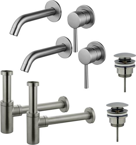 Fortifura Calvi Wastafelkraanset - voor dubbele wastafel - inbouw wastafelkraan - klikwaste plug - design sifon - Geborsteld RVS PVD (RVS)