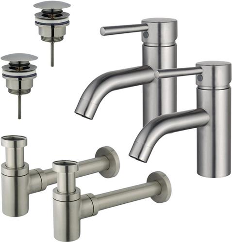 Fortifura Calvi Wastafelkraanset - voor dubbele wastafel - lage wastafelkraan - klikwaste plug - verlaagde design sifon - Geborsteld RVS PVD (RVS)