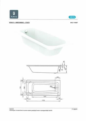 Nemo Start Noah V inbouwbad 170x75x38cm 210L met potenstel wit acryl