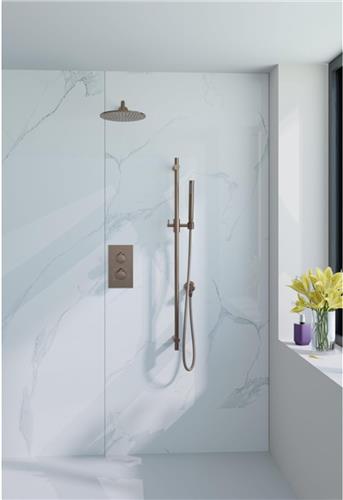 Fortifura Calvi Inbouw Regendoucheset - thermostatisch - wandarm - glijstang - 25cm hoofddouche - staaf handdouche - metalen doucheslang - geborsteld koper PVD (Koper)