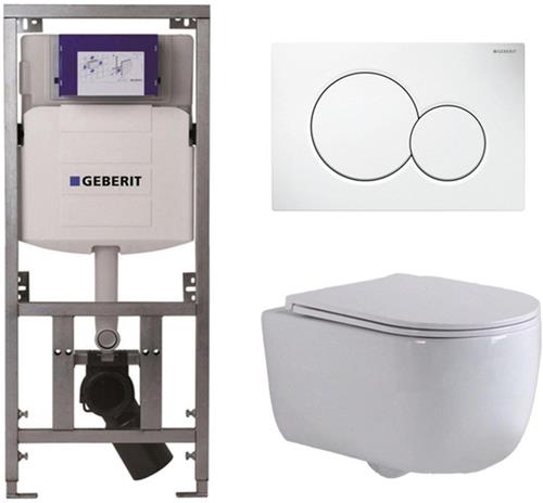 QeramiQ Dely Swirl Toiletset - 36.5x53cm - Geberit UP320 Burda inbouwreservoir - slim zitting - witte sigma bedieningsplaat - ronde knoppen - glans wit