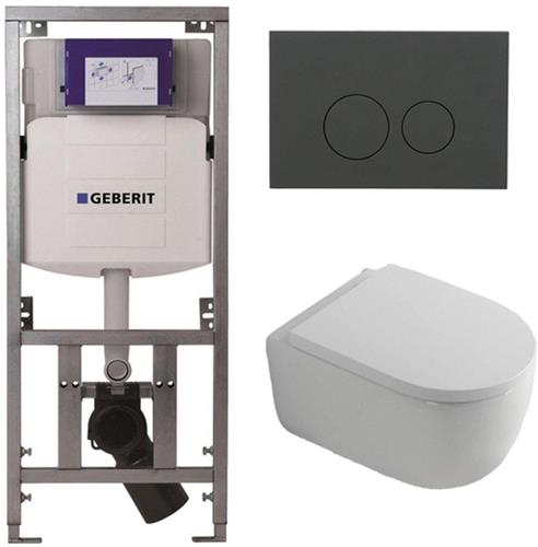 QeramiQ Dely Swirl Toiletset - 36.3x51.7cm - Geberit UP320 Burda inbouwreservoir - 35mm zitting - bedieningsplaat mat antraciet - ronde knoppen - wit mat