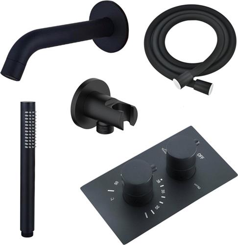 Fortifura Calvi Badkraan set - uitloop - 22cm inkortbaar - gladde slang - staafhanddouche - inbouwdeel - wandhouder - mat zwart