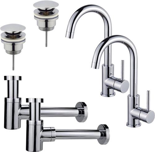 Fortifura Calvi Wastafelkraanset - voor dubbele wastafel - hoge wastafelkraan - draaibare uitloop - klikwaste plug - verlaagde design sifon - Chroom