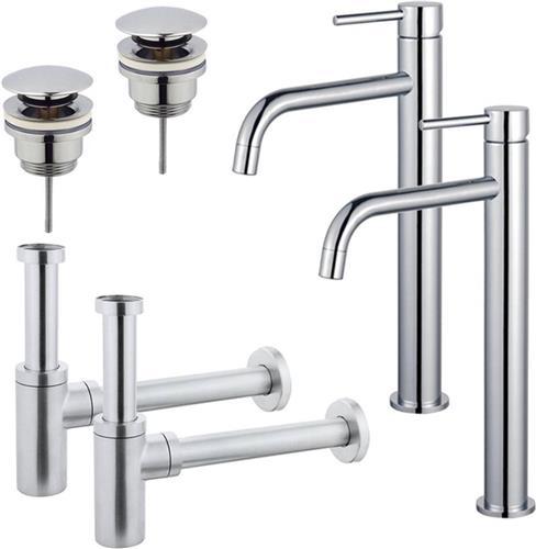 Fortifura Calvi Slim Wastafelkraanset - voor dubbele wastafel - verhoogde wastafelkraan - klikwaste plug - design sifon - Chroom