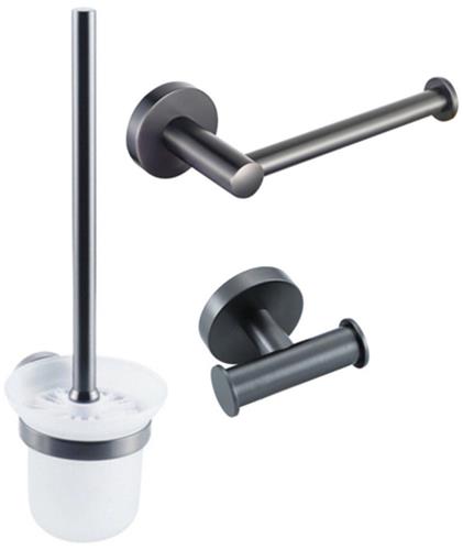 Fortifura Calvi Toiletset 3-delig - toiletrolhouder zonder klep - toiletborstel - handdoekhaak dubbel rond - Geborsteld gunmetal PVD