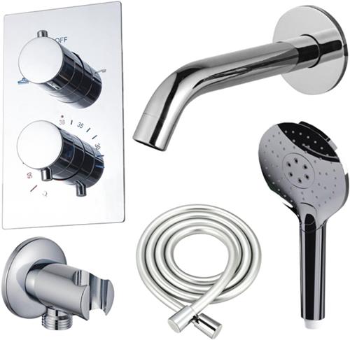 Fortifura Calvi Badkraan set - uitloop - 22cm inkortbaar - gladde slang - ronde handdouche - inbouwdeel - wandhouder - chroom