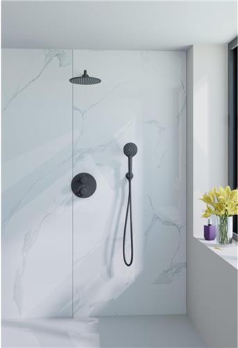 Fortifura Calvi Inbouw Regendoucheset - rond - thermostatisch - wandarm - 25cm hoofddouche - ronde handdouche - gladde slang - mat zwart