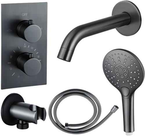Fortifura Calvi Badkraan set - uitloop - 22cm inkortbaar - metalen slang - ronde handdouche - inbouwdeel - wandhouder - geborsteld gunmetal PVD