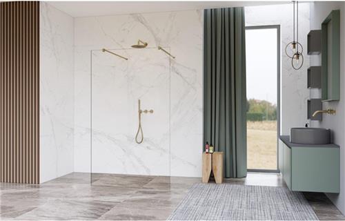 Fortifura Galeria Vrijstaande Inloopdouche - 100x200cm - Helder - antikalk - 8mm veiligheidsglas - wandsteunen - Geborsteld Messing PVD (Goud)