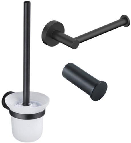 Fortifura Calvi Toiletset 3-delig - toiletrolhouder zonder klep - toiletborstel - handdoekhaak enkel rond - mat zwart