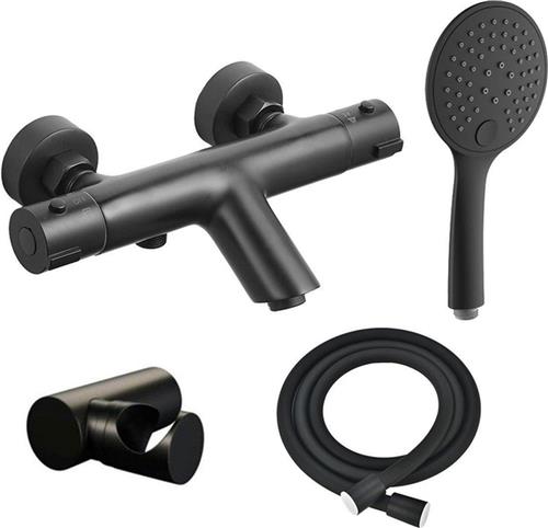 Adema Sparkle 2.0 thermostatische bad-/douchekraan - handdouche - 3 standen - met houder - inclusief doucheslang - mat zwart