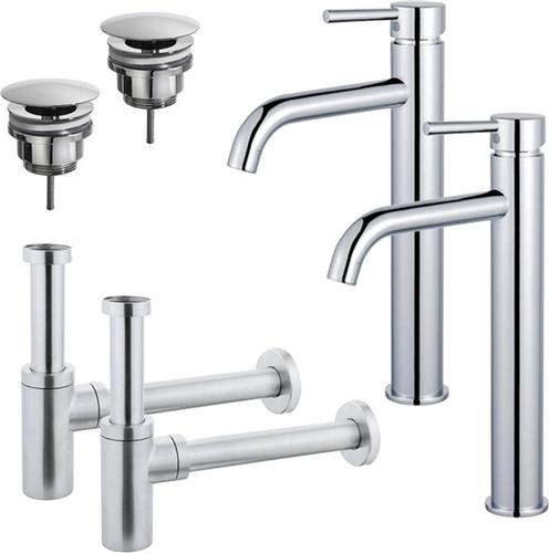 Fortifura Calvi Wastafelkraanset - voor dubbele wastafel - verhoogde wastafelkraan - always open plug - design sifon - Chroom
